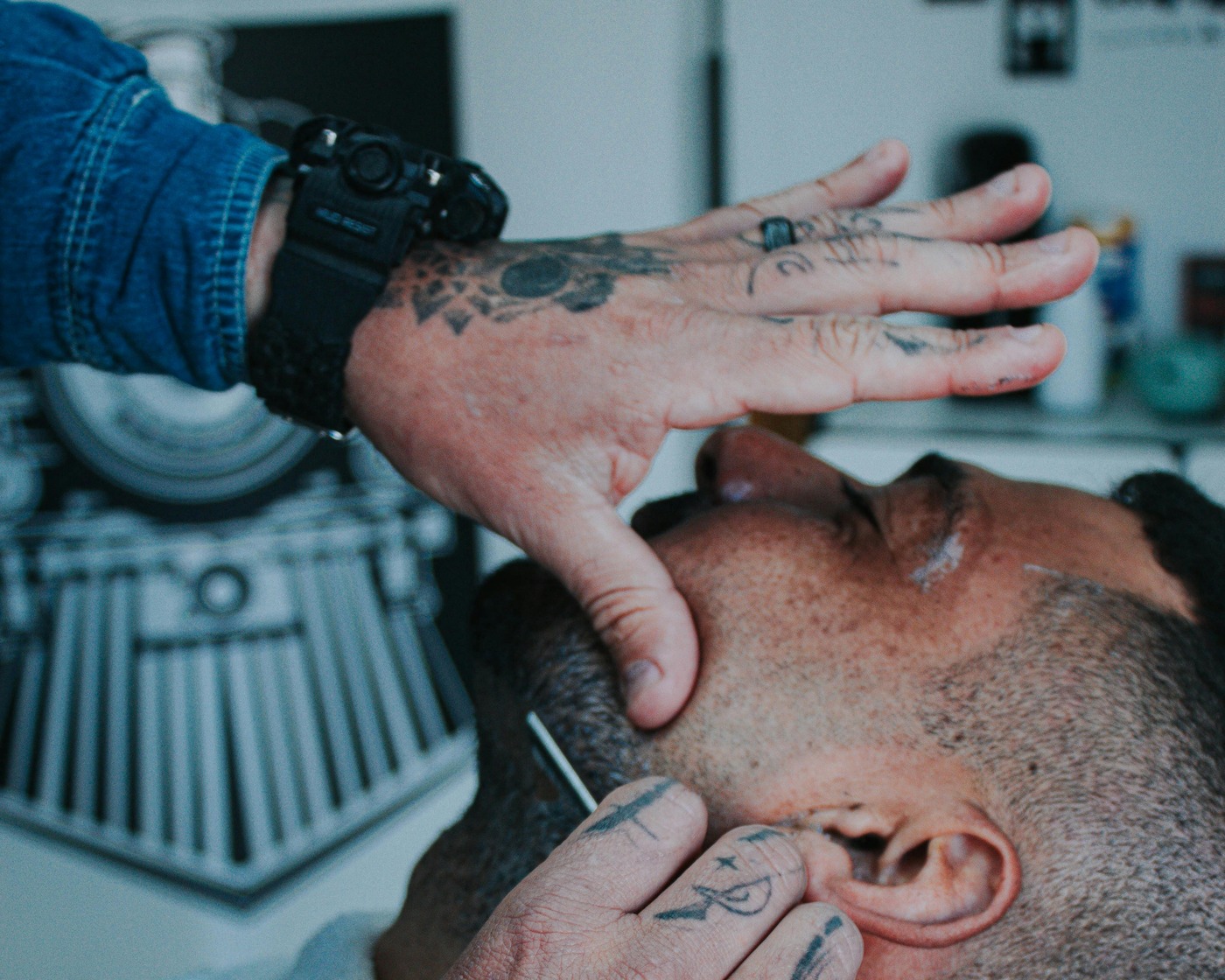 Straight razor shave and beard cleanup in progress