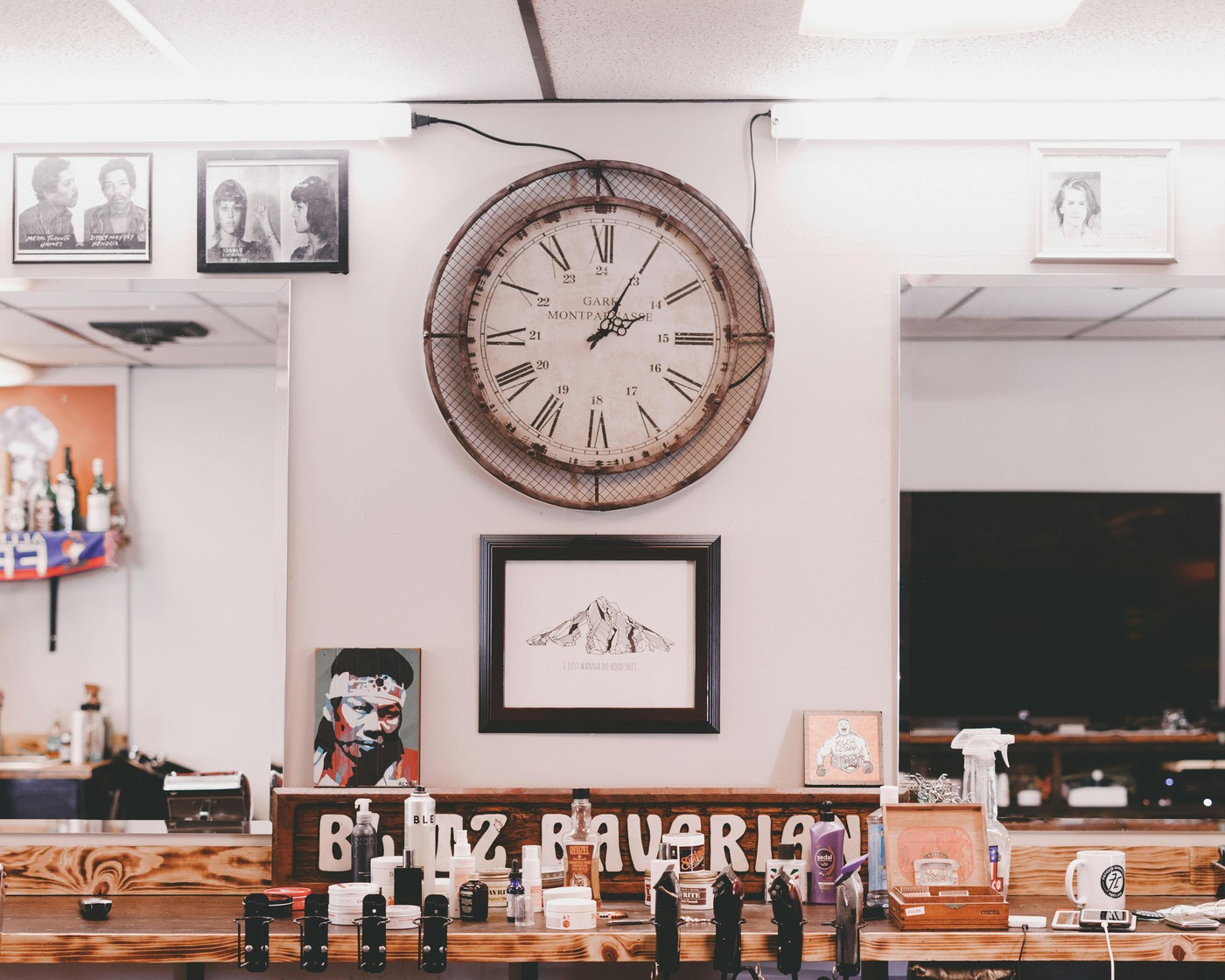 Warm barber interior with stations and mirrors